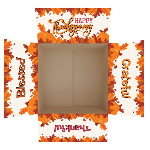 Care package box stickers with a Thanksgiving theme, decorated with fall leaves and the words “Happy Thanksgiving,” “Grateful,” “Thankful,” and “Blessed,” designed for shipping box flaps on a white background.