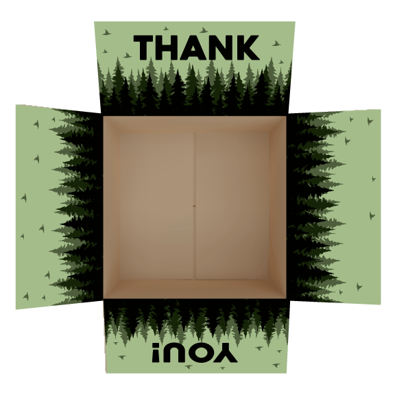 Thank you–themed care package box stickers featuring pine trees on a light green background.