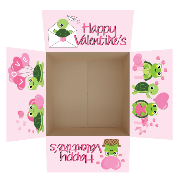 Turtle Valentine care package box stickers with playful turtles and heart accents for decorating holiday shipping boxes.
