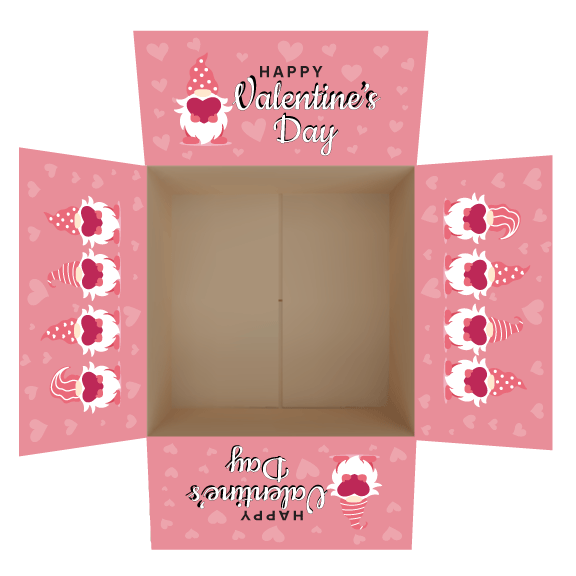 Gnome themed care package box stickers with Happy Valentine's Day text and fun illustrated gnomes on a pink background.