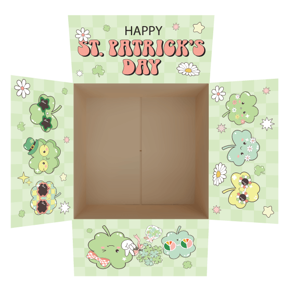 Groovy St. Patrick’s Day care package box sticker kit with retro shamrocks, daisies, clovers, and pastel green checkered background