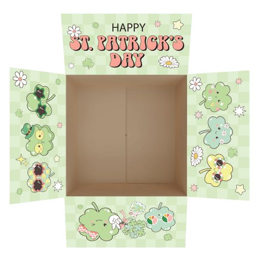 Groovy St. Patrick’s Day care package box sticker kit with retro shamrocks, daisies, clovers, and pastel green checkered background