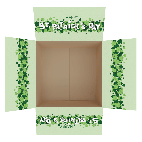 St. Patrick's Day themed care package sticker kit with green shamrock patterns and 'Happy St. Patrick's Day' text.
