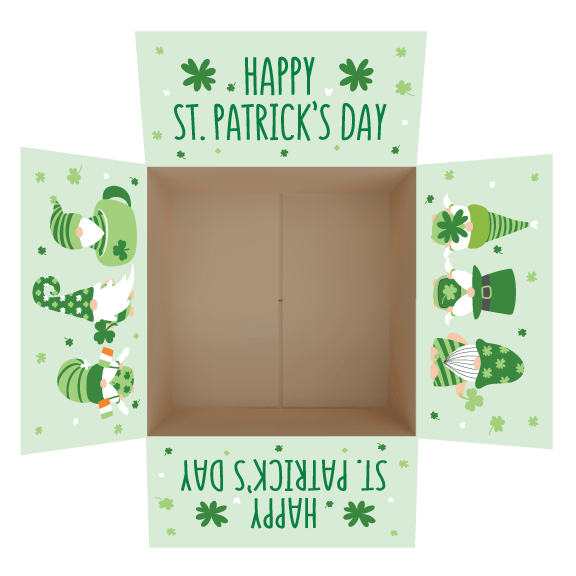 St. Patrick’s Day gnome care package box stickers featuring green shamrocks and festive gnomes decorating shipping box flaps
