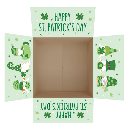 St. Patrick’s Day gnome care package box stickers featuring green shamrocks and festive gnomes decorating shipping box flaps