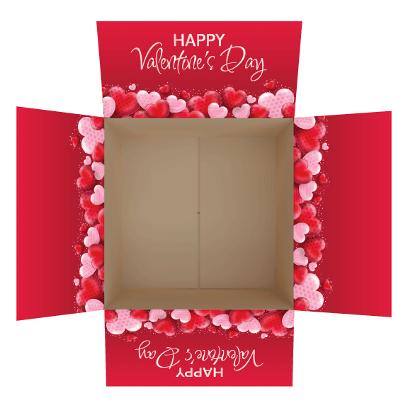Valentine's Day care package box stickers with red and pink hearts designed to decorate shipping box flaps.