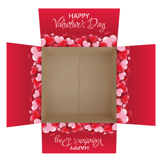 Valentine's Day care package box stickers with red and pink hearts designed to decorate shipping box flaps.