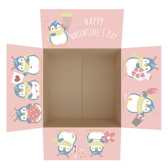 Valentine penguin care package stickers with hearts on a pink background for shipping box flaps.