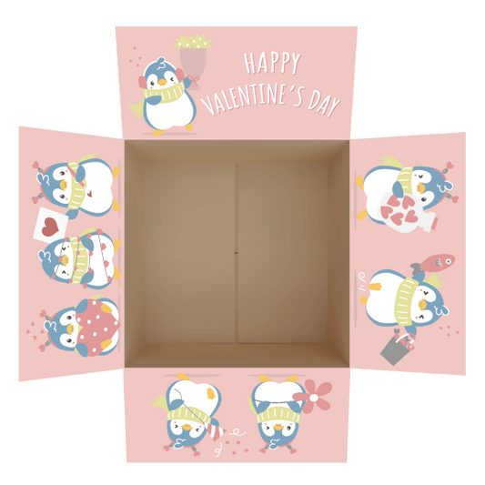 Valentine penguin care package stickers with hearts on a pink background for shipping box flaps.