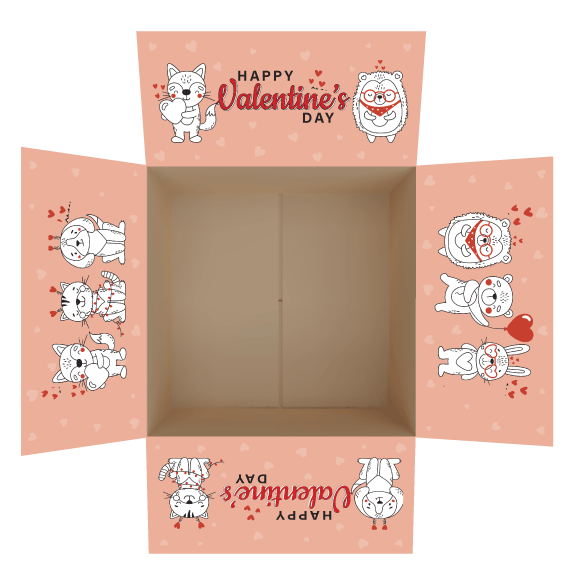 Valentine's Day-themed care package box stickers featuring cartoon animals and 'Happy Valentine's Day' text. Designed to decorate shipping box flaps.