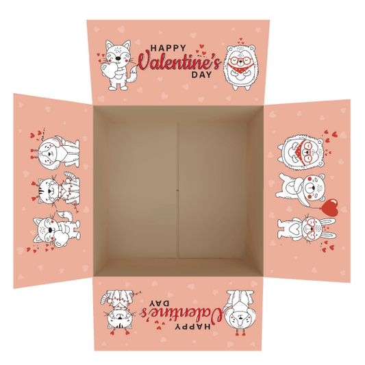 Valentine's Day-themed care package box stickers featuring cartoon animals and 'Happy Valentine's Day' text. Designed to decorate shipping box flaps.