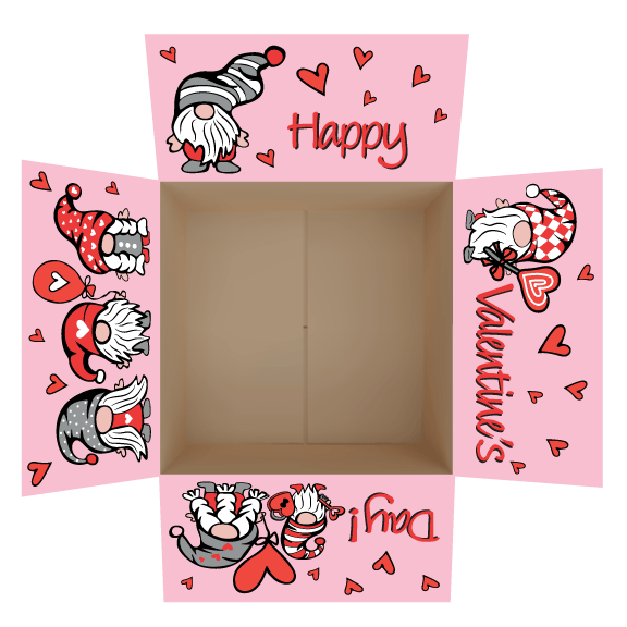 Valentine's Day-themed care package box stickers  with cartoon gnomes and hearts on a pink background designed to decorate shipping box flaps.