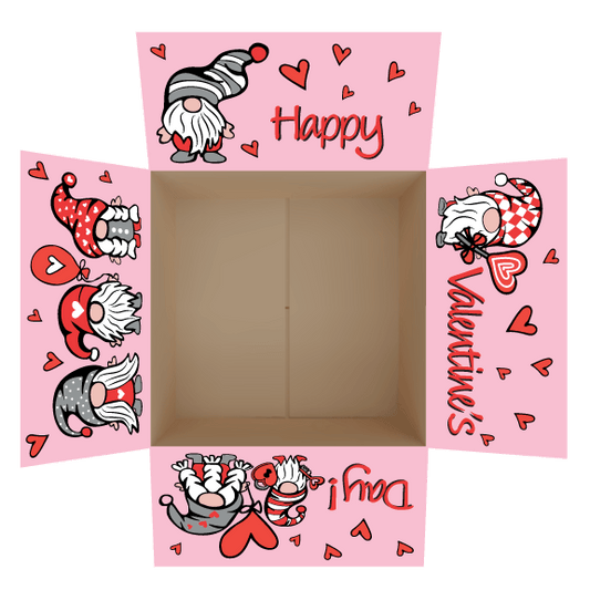 Valentine's Day-themed care package box stickers  with cartoon gnomes and hearts on a pink background designed to decorate shipping box flaps.
